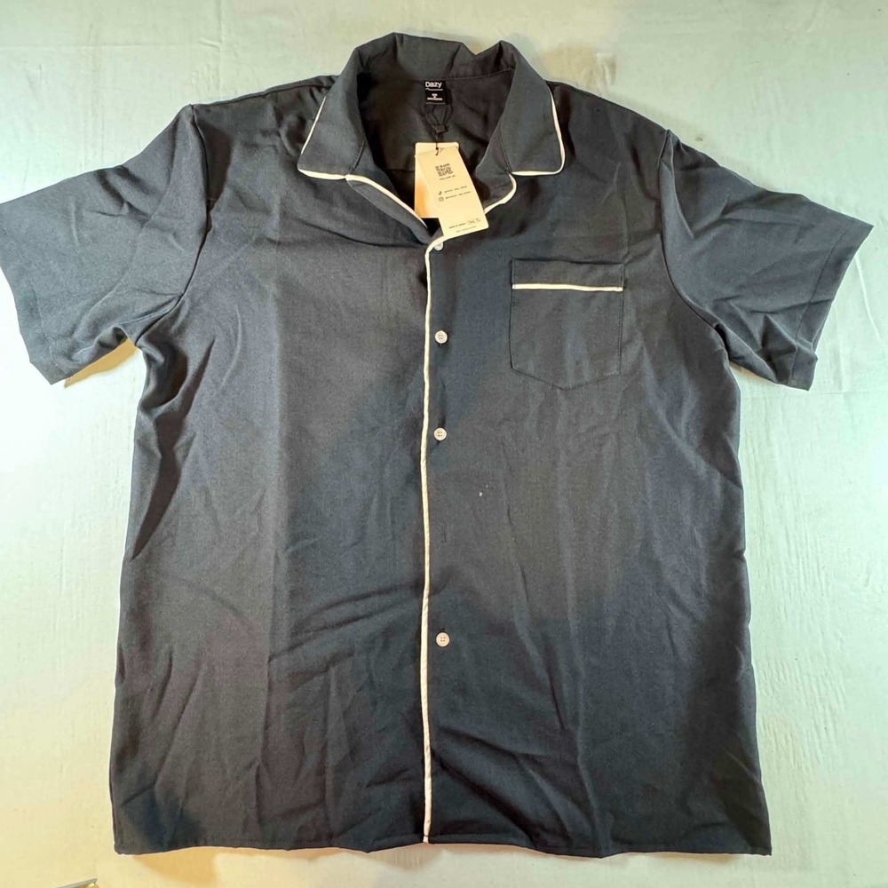 Dazy Mens XL Navy Blue Short Sleeve Button Up Shirt Contrast Piping Camp Collar